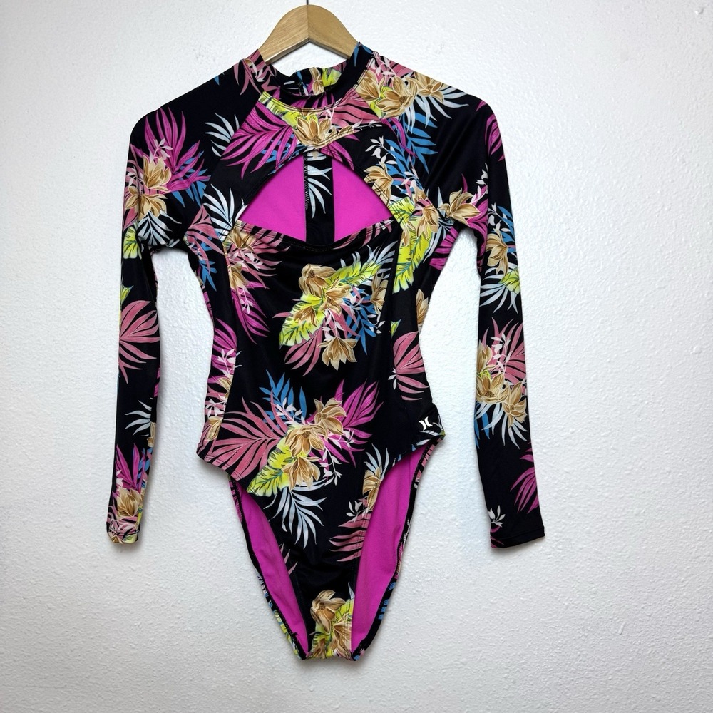 Hurley Women's MediumCross Yoke Surfsuit Swimsuit Tropical Black Floral Zip Back